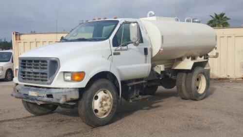 2000 FORD F650 2,000 GALLON BOBTAIL WATER TRUCK, Cummins diesel, 6-speed, a/c, pto, ff-s-rr, hose reel, tow package, 19,699 miles indicated. s/n:3FDNF6545YMA76806