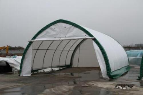 UNUSED 20'X30'X12' PEAK CEILING STORAGE SHELTER, commercial fabric, roll up door (file photo of assembled shelter) **(LOCATED IN COLTON, CA)**