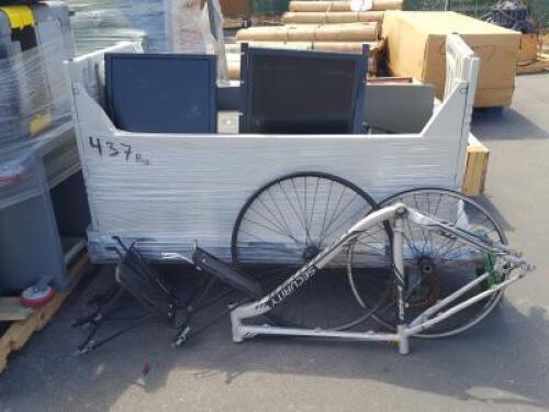 METAL CART, MISC. COMPUTER MONITORS, BICYCLE FRAME, PLASTIC TABLE **(LOCATED IN COLTON, CA)**