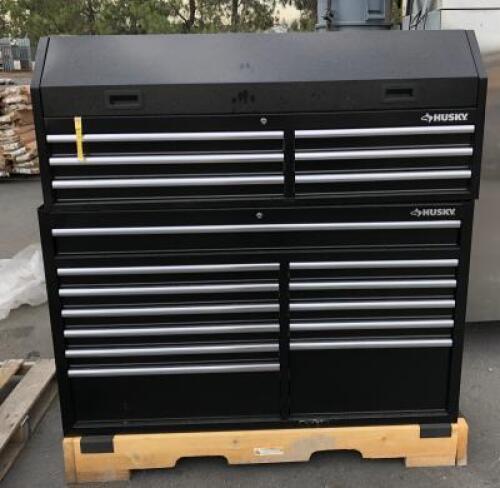 UNUSED HUSKY LOCKING TOOL BOX, (12) lower drawers, (6) upper drawers, storage compartment, power outlet **(LOCATED IN COLTON, CA)**