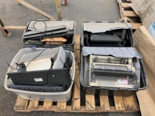 (4) PLASTIC TUBS OF MISC. ELECTRONICS , KEYBOARDS, COMPUTER MOUSE, PRINTER **(LOCATED IN COLTON, CA)**