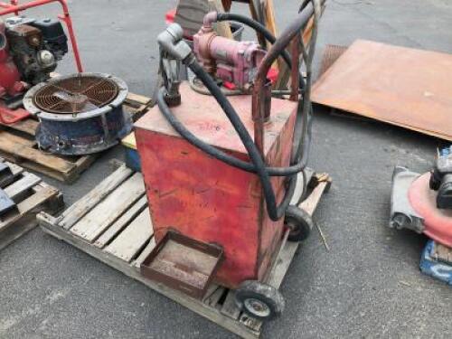 FUEL CADDY TANK W/WHEELS AND 12V PUMP, METAL CABINET W/GREENLEE HYDRAULIC BENDER PARTS **(LOCATED IN COLTON, CA)**
