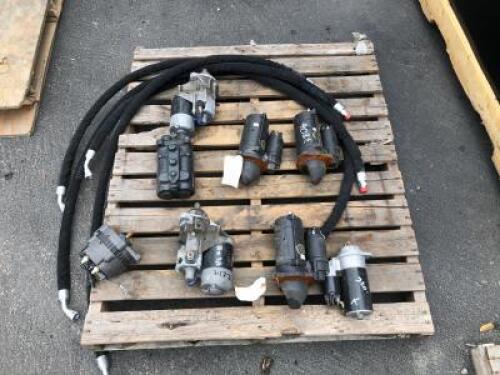 PALLET OF MISC. PARTS, (6) STARTERS, ALTERNATOR, (4) HYDRAULIC HOSES **(LOCATED IN COLTON, CA)**
