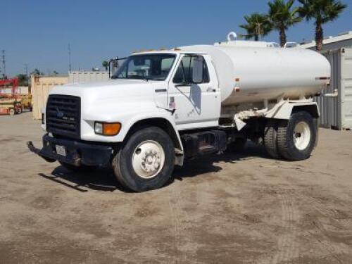 1997 FORD F800 2,000 GALLON BOBTAIL WATER TRUCK, Cummins 175hp diesel, 6-speed, a/c, 9,000# front, pto, ff-s-rr, 19,000# rear. s/n:1FDXF80C1VVA32919 **(OUT OF STATE BUYER ONLY)**