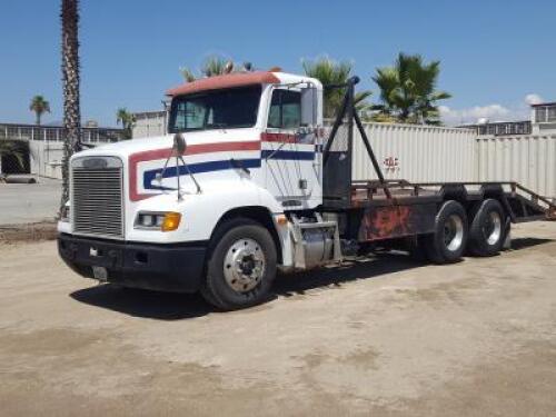 1993 FREIGHTLINER FLD112 EQUIPMENT CARRIER TRUCK, Cat 3176 276hp diesel, engine brake, 9-speed, a/c, 12,000# front, air ride suspension, 15' bed w/7' beavertail, locking differentials, tool boxes, 42,400# rears, aluminum wheels. s/n:1FU53ECB7PH473695
