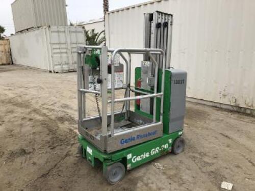 2013 GENIE GR20 PERSONNEL LIFT, electric, 20' lift, 199 hours indicated. s/n:GR13-26950