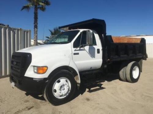 2004 FORD F650 BOBTAIL DUMP TRUCK, Cat 7.2L diesel, automatic, pto, a/c, 5-6 yard box, 17,500# rear, ditch gate, tow package, 82,012 miles indicated. s/n:3FRNF65294V598879