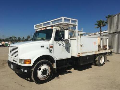 2000 INTERNATIONAL 4700 FLATBED TRUCK, 7.3L DT444E diesel, automatic, a/c, 13' flatbed, tool boxes, hose reel, 17,500# rear, ladder rack, tow package. s/n:1HTSLABM3YH254646