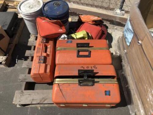 PALLET OF MISC. SAFETY GEAR, BLOOD PRESSURE CUFF KIT, FIRST AID KITS, (2) BUCKETS ABSORBENT MATERIAL **(LOCATED IN COLTON, CA)**