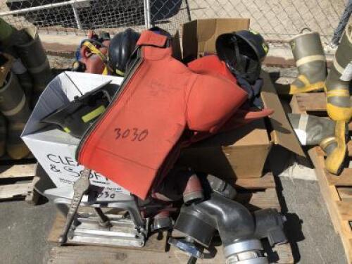 PALLET OF MISC. SAFETY GEAR, HARD HATS, SURVIVAL SUIT, VALVE, CLAMP **(LOCATED IN COLTON, CA)**