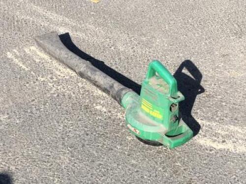 WOOD CRATE OF PLASTIC BIN, HEAT GUN, WEED EATER ELECTRIC LEAF BLOWER, (3) BOLLARD SAFETY POSTS **(LOCATED IN COLTON, CA)**