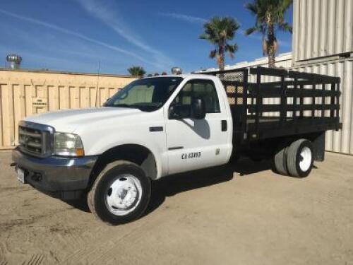 2002 FORD F550 FLATBED TRUCK, 7.3L diesel, 5-speed, a/c, pw, pdl, pm, 12' flatbed, stake sides, tow package, 57,212 miles indicated. s/n:1FDAF56F72EB47042