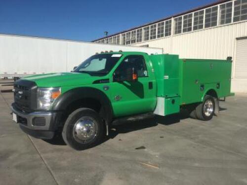 2014 FORD F450 SUPER DUTY SERVICE TRUCK, 6.7L diesel, automatic, 4x4, a/c, pw, pdl, pm, 6,500# front, 12' Omaha standard service body, Mi-T-M air compressor, Honda gasoline.,12,000# rear, tow package, 48,301 miles indicated. s/n:1FDVF4HT3EEA00196