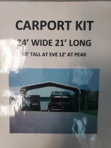 UNUSED WHITE GALVANIZED CARPORT KIT, 24'X21'X10' AT EAVES, 12' AT PEAK (file photo of assembled carport) **(LOCATED IN COLTON, CA)**