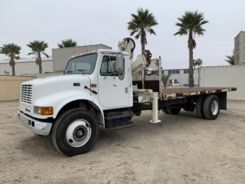 2001 INTERNATIONAL 4900 FLATBED TRUCK, DT466E diesel, Allison MT643 automatic, a/c, pto, 20' deck, National N-50 knuckle boom crane, 3-stage, 42' reach, 8,300# capacity, side outriggers, tow package, 96,744 miles indicated. s/n:1HTSDAAN51H344636