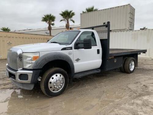 2011 FORD F550 FLATBED TRUCK, 6.7L diesel, automatic, a/c, 6,500# front, 12' flatbed, tool boxes, 14,700# rear, aluminum wheels, tow package. s/n:1FDUF5GT7BEB96940