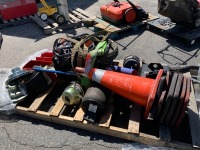 PALLET OF APPROX. (7) CONSTRUCTION CONES, APPROX. (3) SAND SHOE BEARING PLATES, APPROX. (2) ROTORS, CHAINS, BINDERS, TOW STRAPS, ASST. PARTS --(LOCATED IN COLTON, CA)--